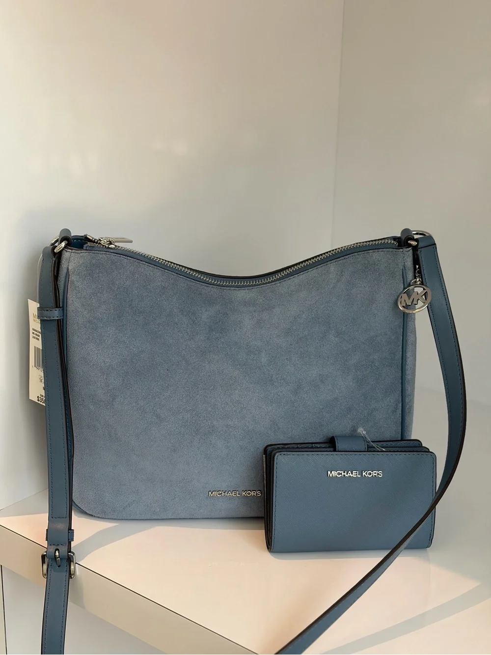 Michael Kors Blue Denim Suede Shoulder Bag with Matching Wallet Set